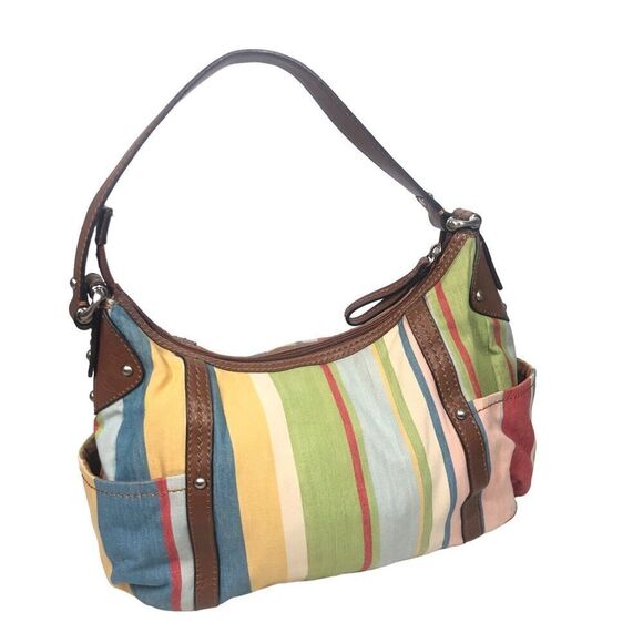 Fossil Purse Womens M Multi Striped Fabric & Leather Shoulder Bag Boho Festival - Picture 7 of 11